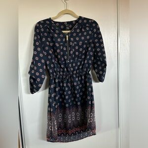 Bohemian style dress, navy, with up front zipper
